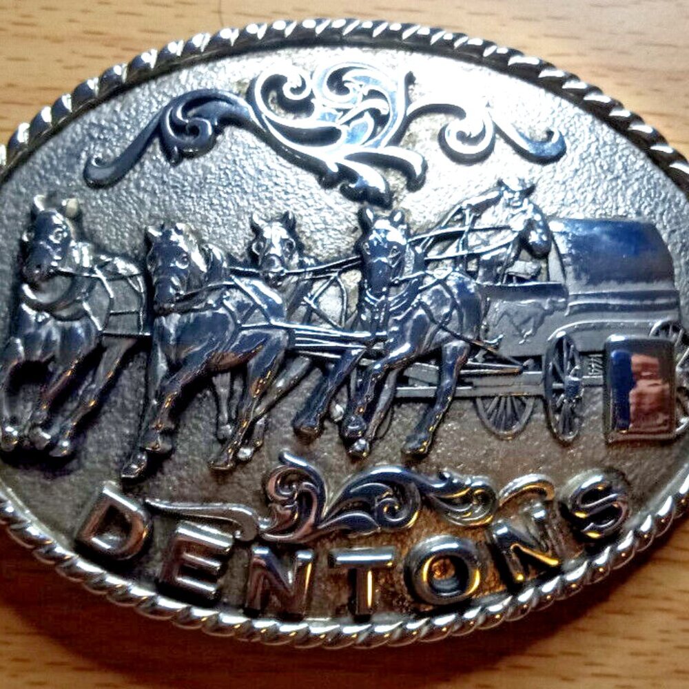 Montana Silversmiths Belt Buckle Solid Brass Horse Buggy 4"x3" Cowboys Dentons